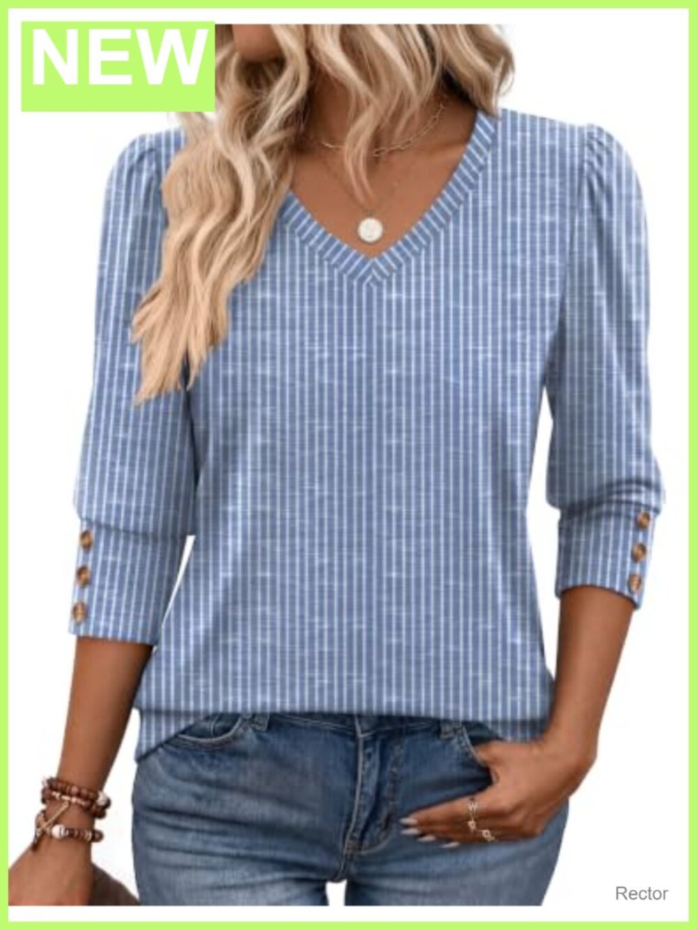 Womens 3/4 Sleeve V Neck Tunic Top Puff Sleeve Button Dressy Casual Work Blouse